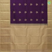 Purple violet gold zari fancy thilagam butta contrast sandal gold zari multi design line border gift silk saree