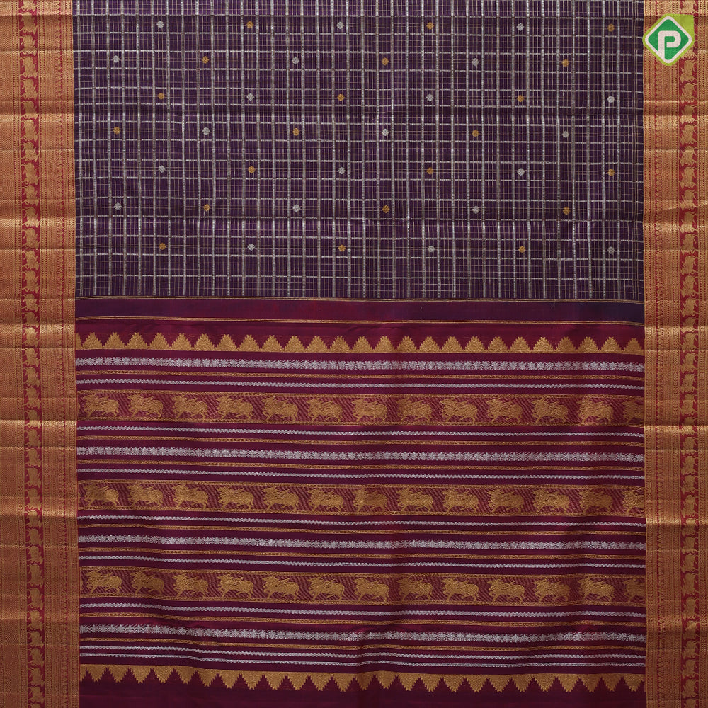Mulberry color silver and gold zari checks and butta red gold zari kamadhenu butta border Kora silk saree