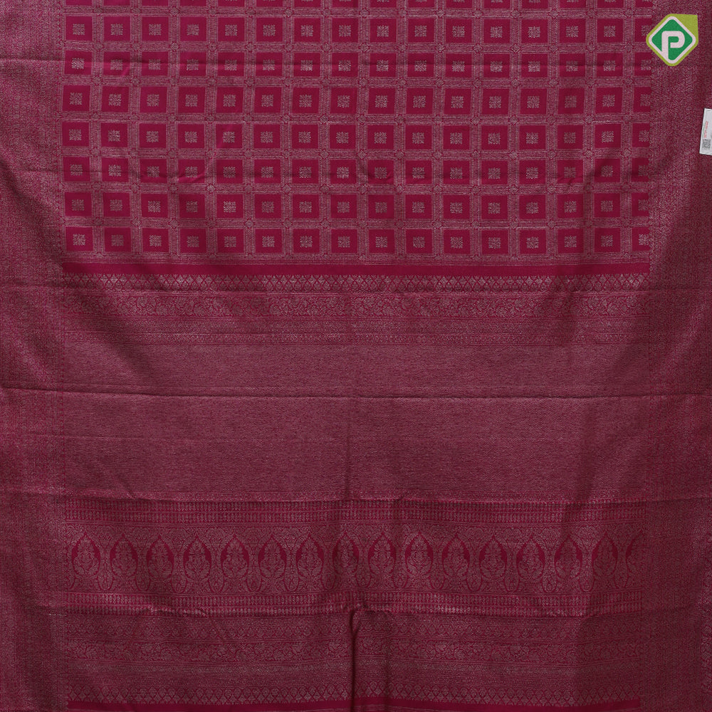Magenta color neem zari checks self designed square butta self neem zari multi design lines border bridal silk saree