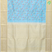 Sky blue multi color floral creeper embroidered design sandal gold zari Rangoli mid retta pattai border embroidery silk saree