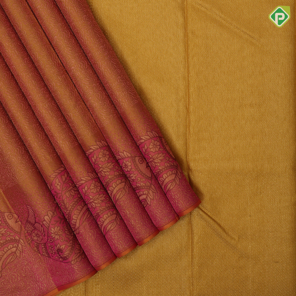 Pinkish Mustard Gold Zari Floral Design Baby Pink Fish Floral Border Design Trendy Silk Saree