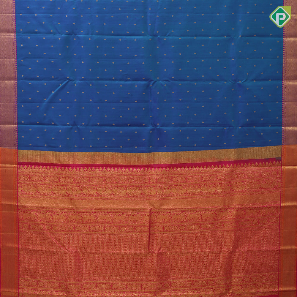 Peacock Blue Gold Zari Small Butta Design Magenta Colour Bavanji Border Design Traditional Silk Saree