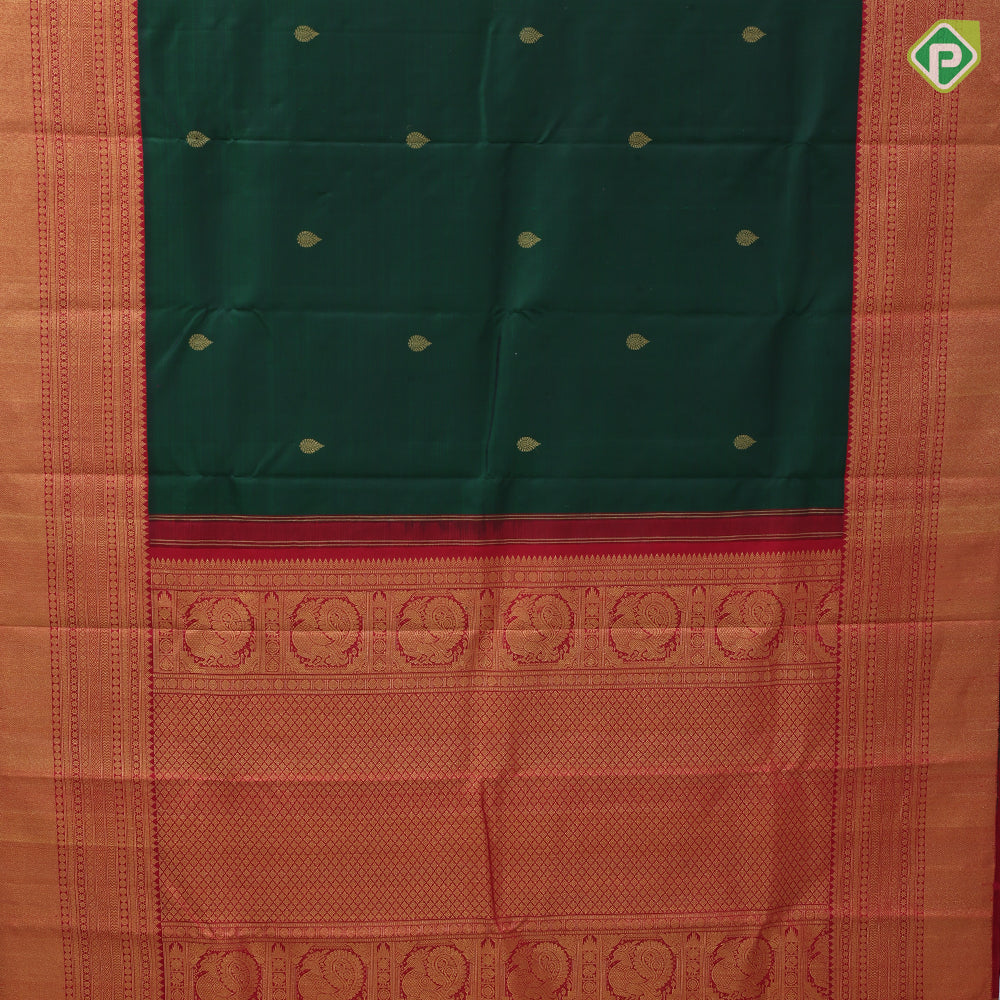 Bottle Green Gold Zari Small Motif Chilly Red Ruthracham Weave Border Design Traditional Silk Saree