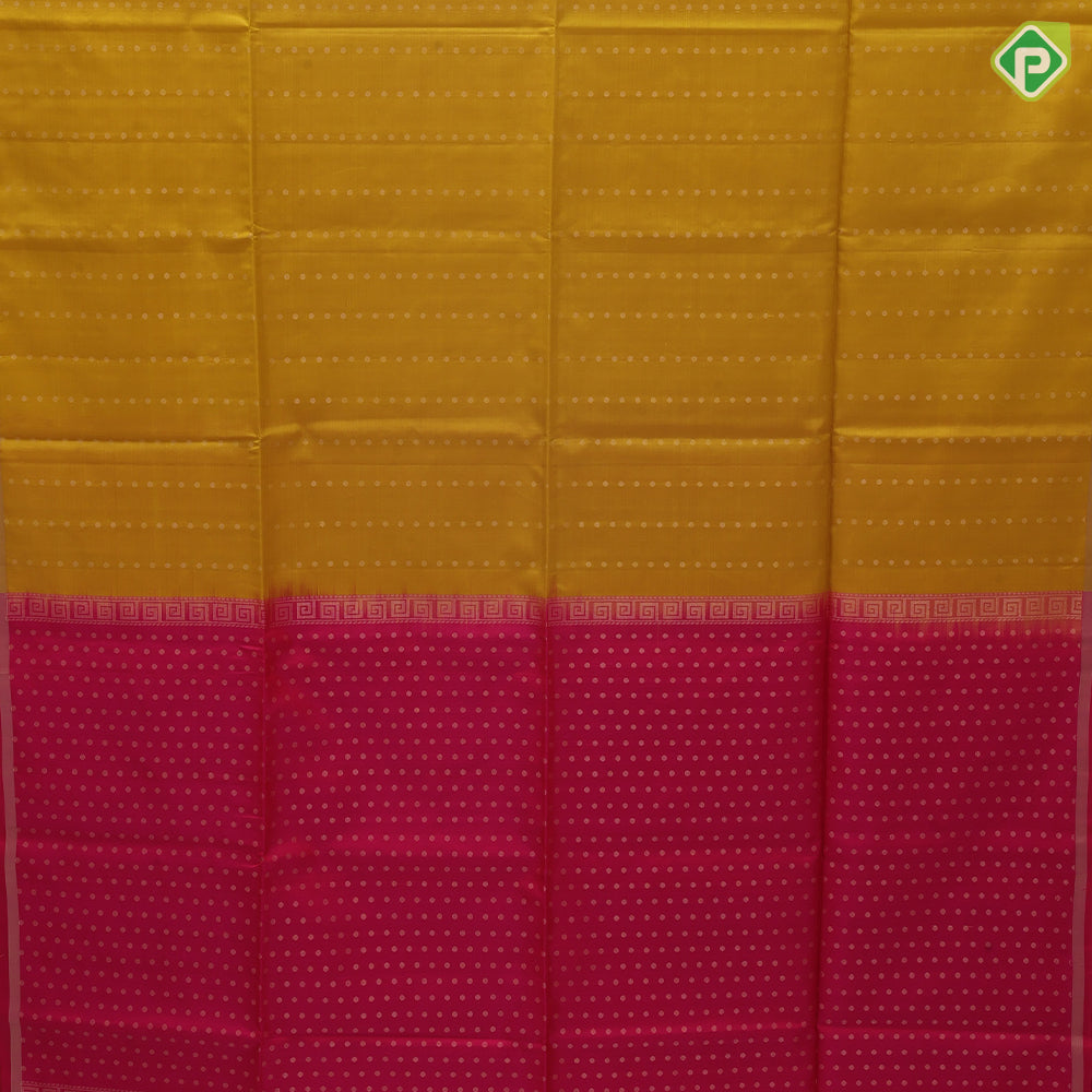 Mustard yellow gold zari dots lines self gold zari line border contrast pink gold zari dot pallu soft silk saree