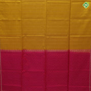 Mustard yellow gold zari dots lines self gold zari line border contrast pink gold zari dot pallu soft silk saree