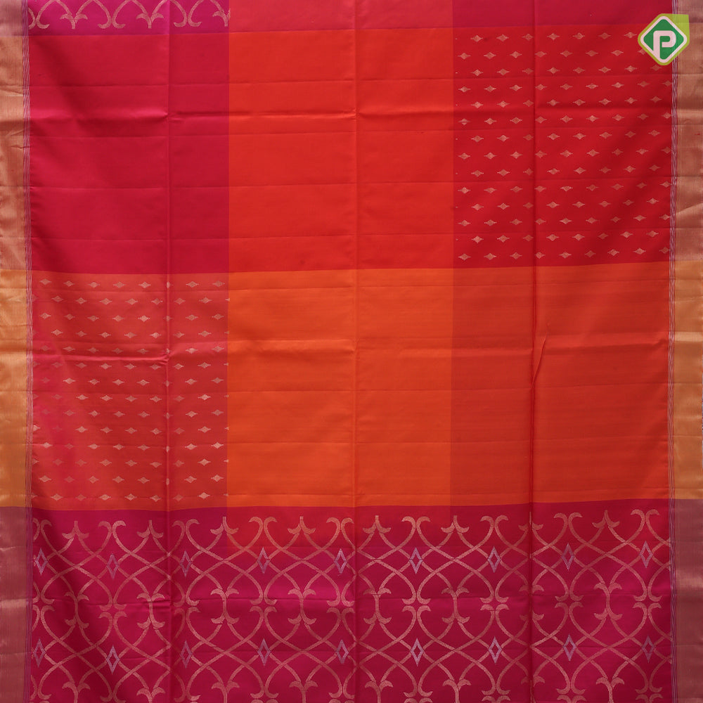 Rani pink honey orange gold zari butta grand design pallu gold zari border soft silk saree