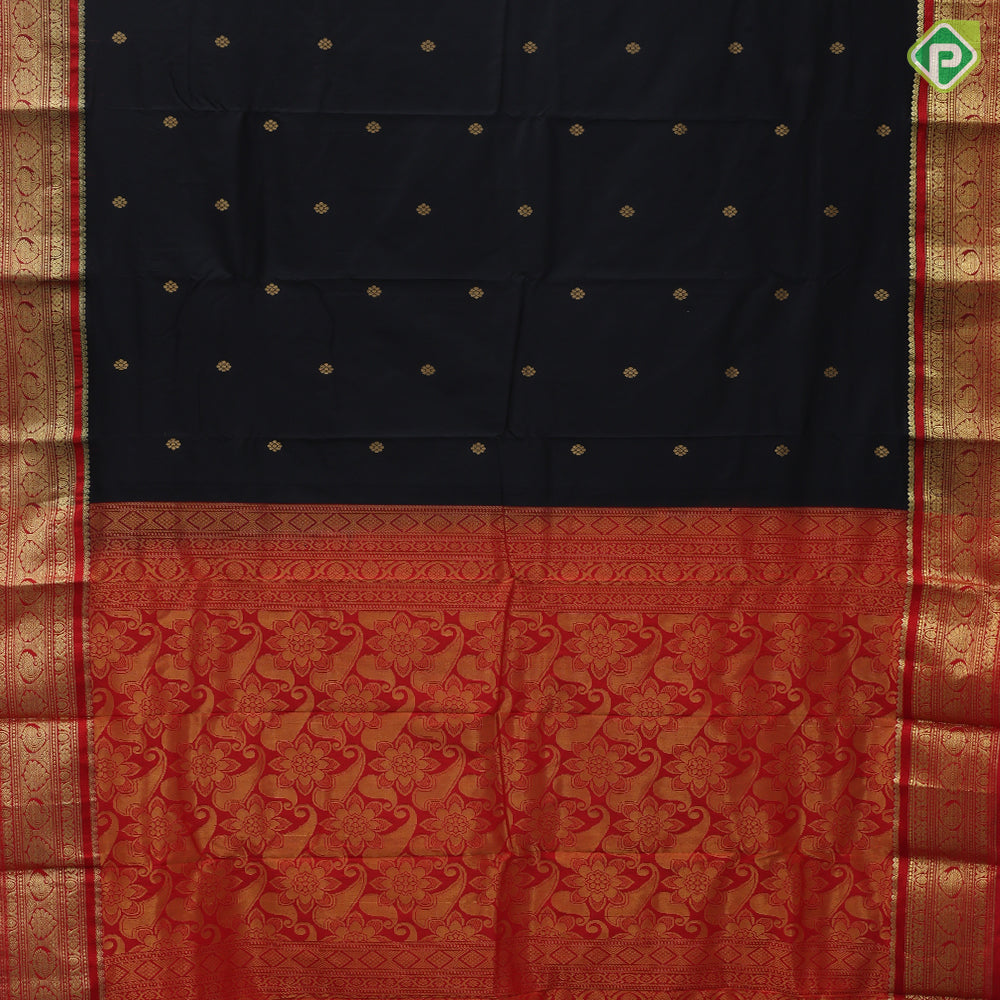 Black with gold zari fancy flower butta design rani red gold zari mango thilagam butta border pure mix saree