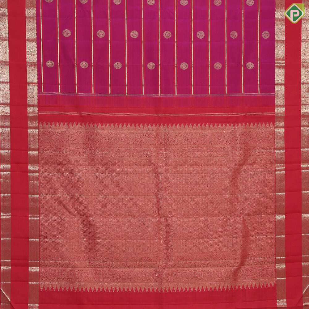 Reddish pink with gold zari lines and butta design brick red gold zari rettapet gap border traditional silk saree