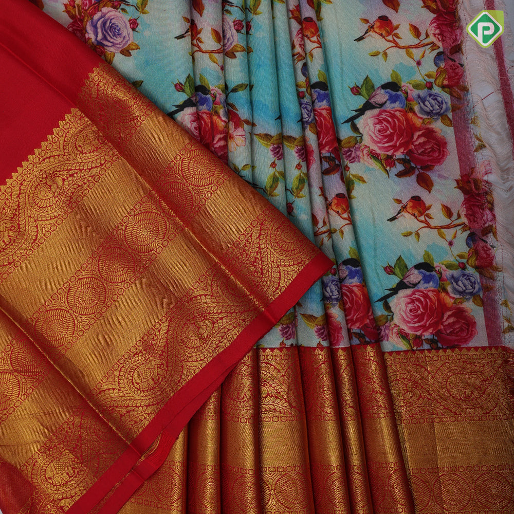 pastel colour base multi color kalamkari digital printed design rani red gold zari rangoli multi lines border pattu paavadai lehanka