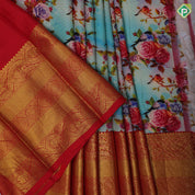 pastel colour base multi color kalamkari digital printed design rani red gold zari rangoli multi lines border pattu paavadai lehanka