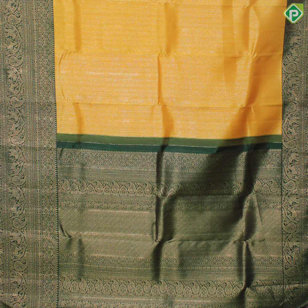 Mustard Yellow Gold Lines With Bottle Green Vanasingaram Design Border Traditional Silk Saree