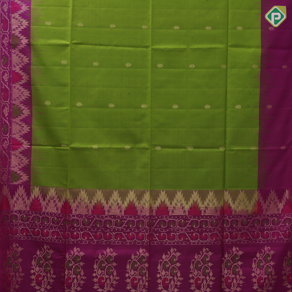 Mustard yellow gold zari fancy butta design grand pallu rani pink gold zari temple border soft silk saree