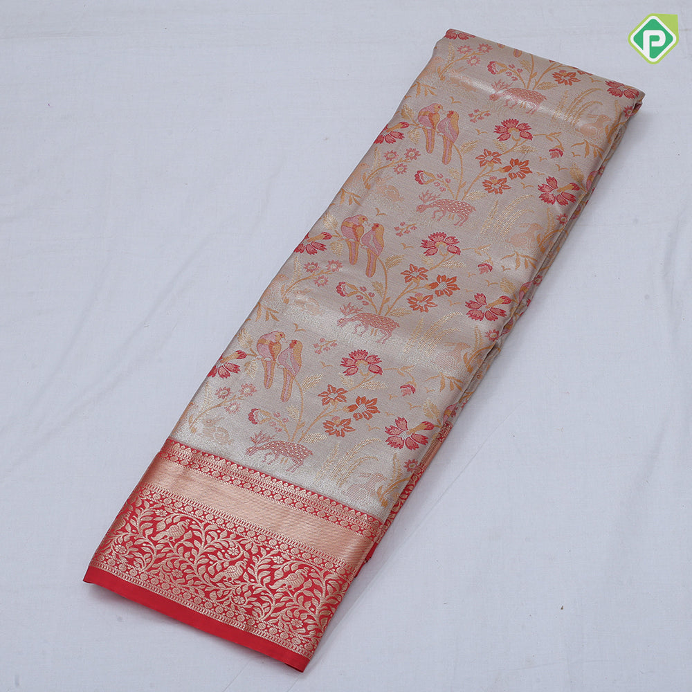 Pewter pink base multi color wild effect design dark green gold zari floral birds design border tissue art silk saree