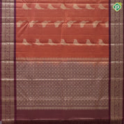 Rust orange tissue weave sparrow butta design contrast maroon gold zari rangoli mid border traditional silk saree