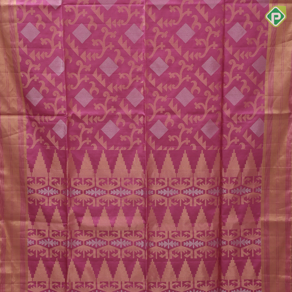 Pinkish orange silver gold zari diamond geometrical design self gold zari lines border soft silk saree