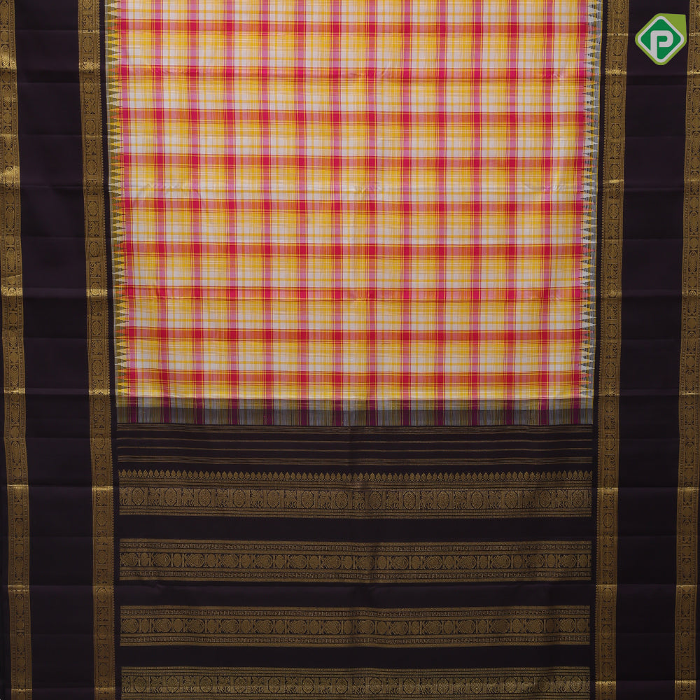 Multi Colour Checks Coffee Brown Hours Chagaram Fish Border Design Traditional Silk Saree