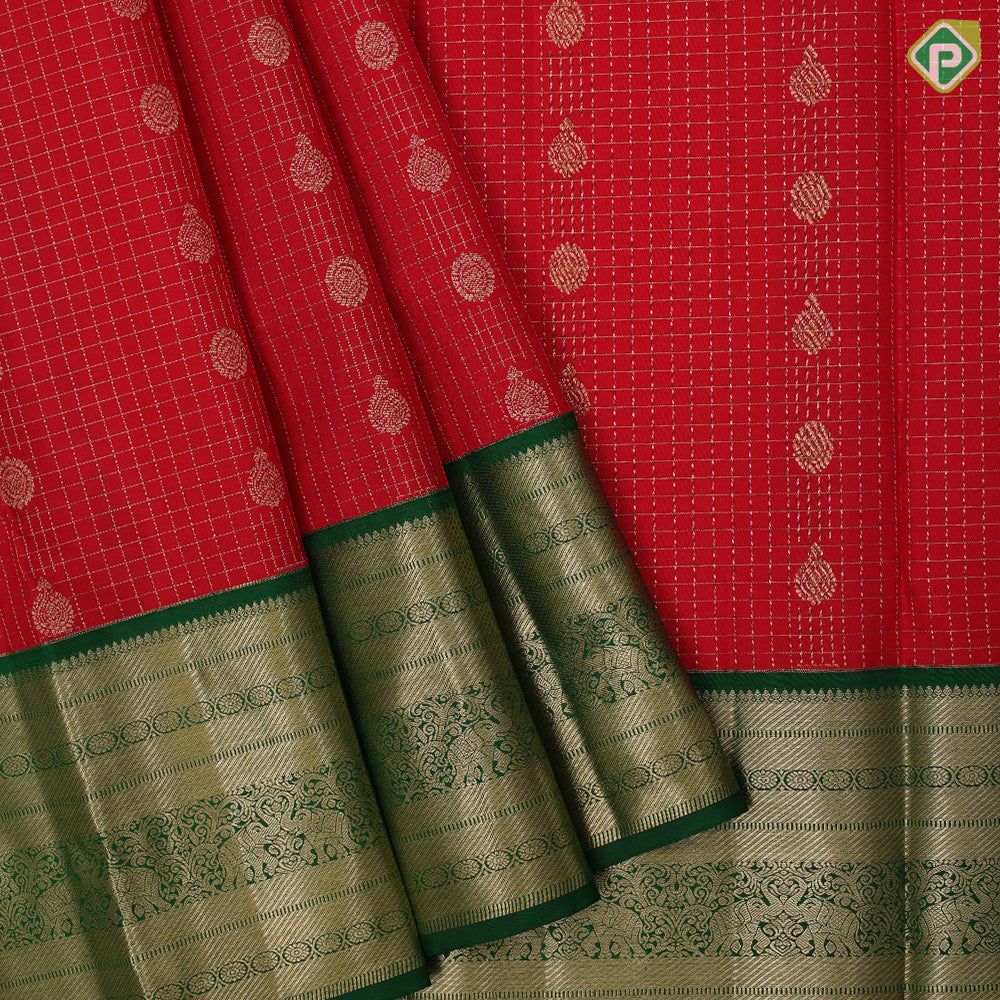 Tomato red gold zari checks and butta design dark green gold zari double elephant design border pattu paavadai