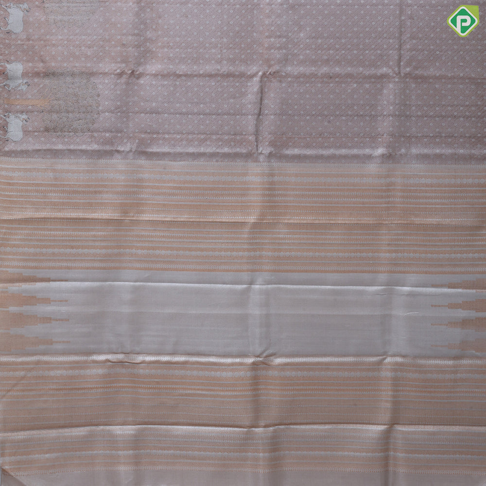 Dark peach silver zari zari by zari butta and shimmer design self cow and tree border master weaved pichwai silk saree