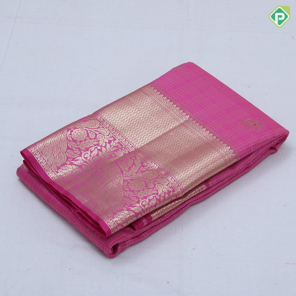 Pink gold zari checks and elephant butta design self gold zari peacock and zig zag border Art silk saree