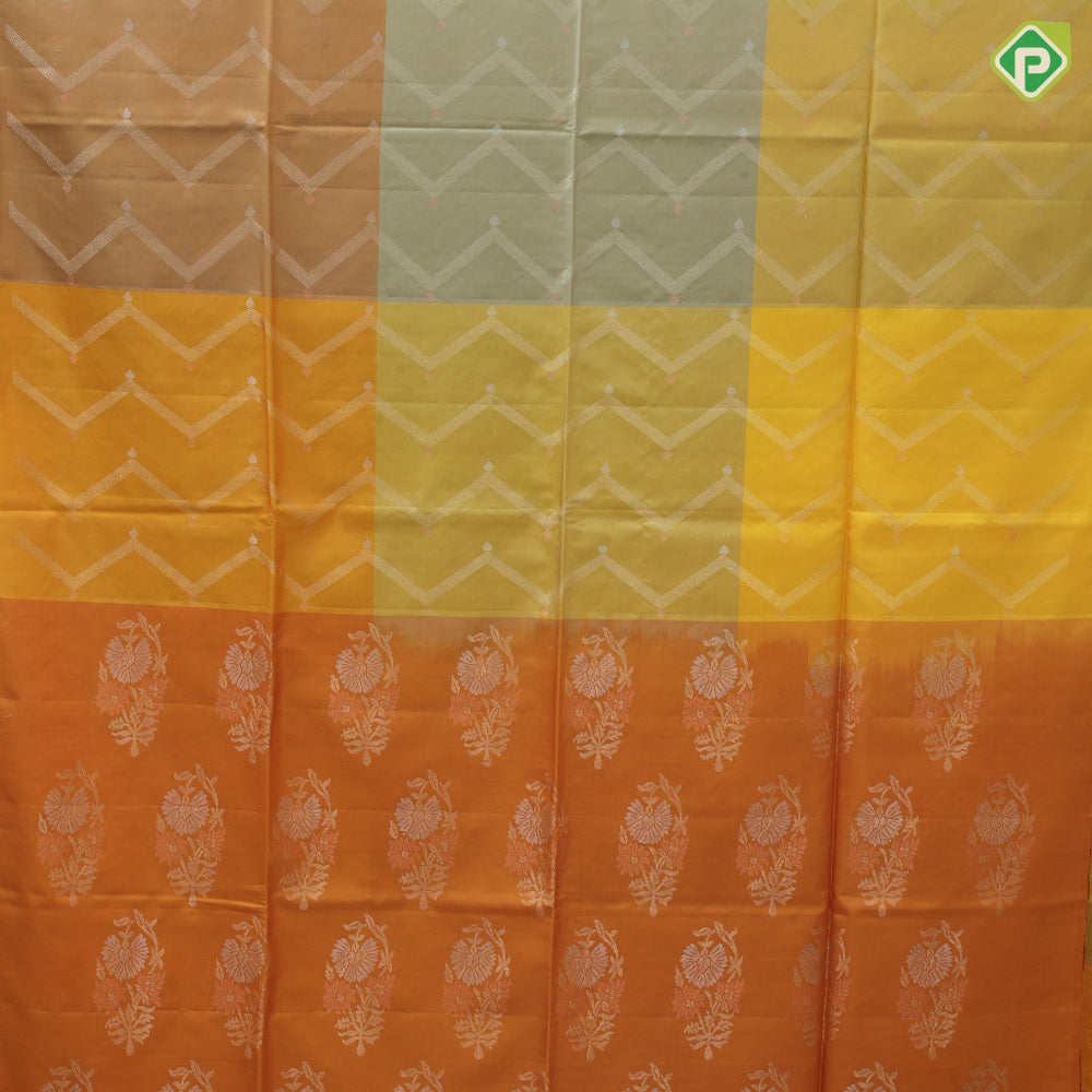 Multi yellow color gold zari zig zag design grand pallu concept borderless soft silk saree