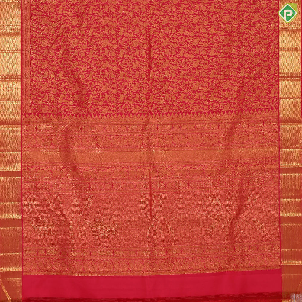 tomato red with gold zari vanasingaram design self gold zari border grand bridal silk saree