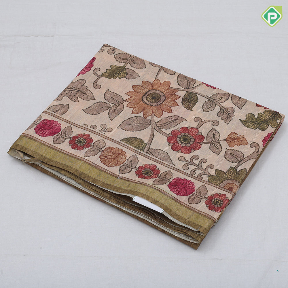 Peach Red Based Flower Floral Design Contrast Border Fancy Cotton Saree