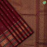 Maroon red gold zari vairaoosi mid butta motifs self gold zari peacock butta and multi color lines border traditional silk saree