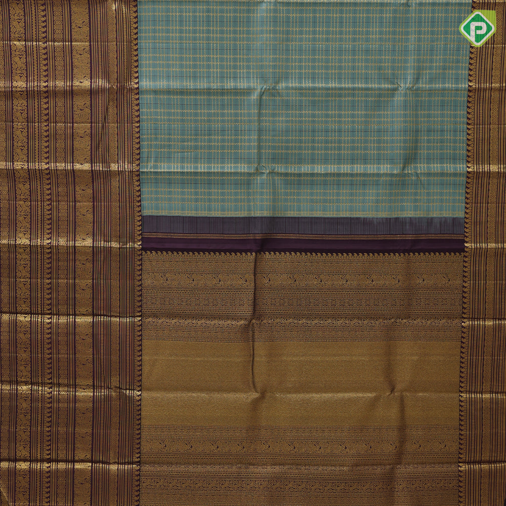 Sage green gold zari designer checks chocolate brown gold zari multi butta lines border vintage traditional silk saree