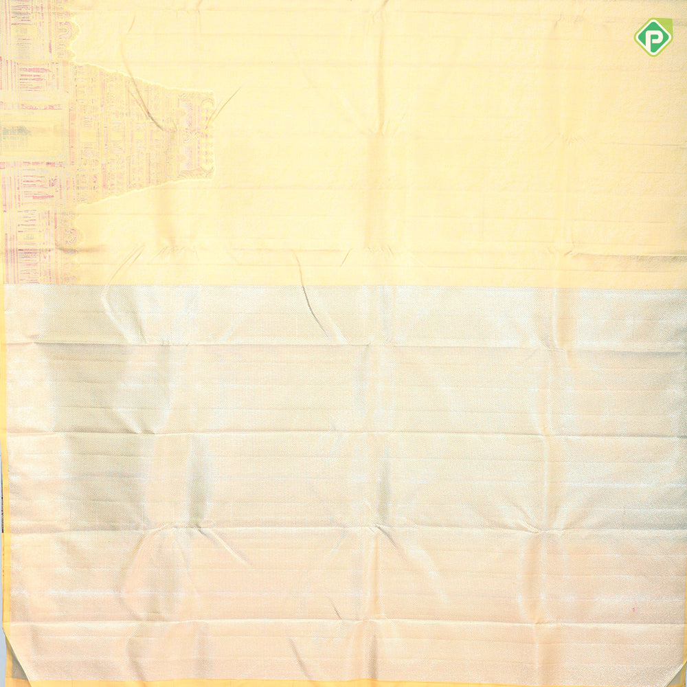 Lemon yellow silk thread grains design multi color temple tower weaved border signature silk saree