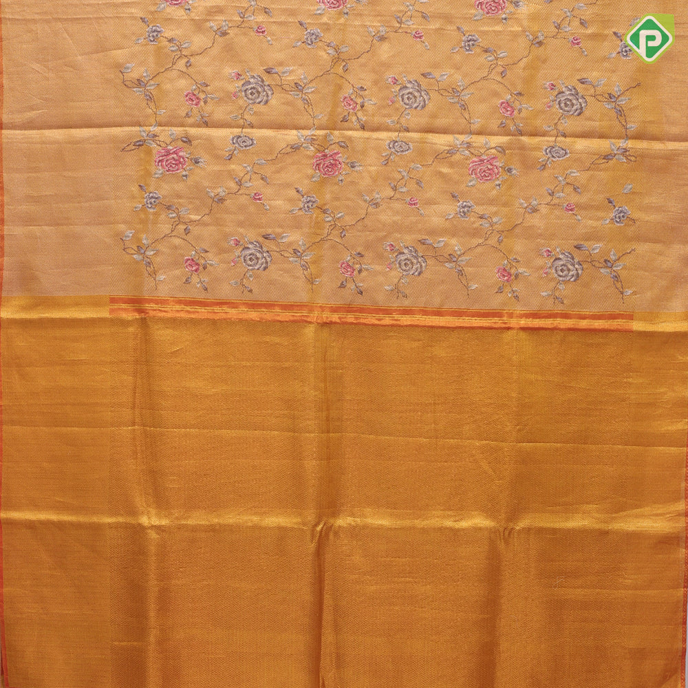 light Lavender gold zari with silk thread floral embroidered design plain gold zari zig zag border embroidery silk saree