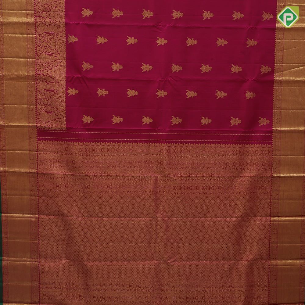 Rani Pink Gold Zari Gandaberunda Butta Design Self Colour Wedding Couple Floral Elephant Peacock Chagaram Border Design Traditional Silk Saree