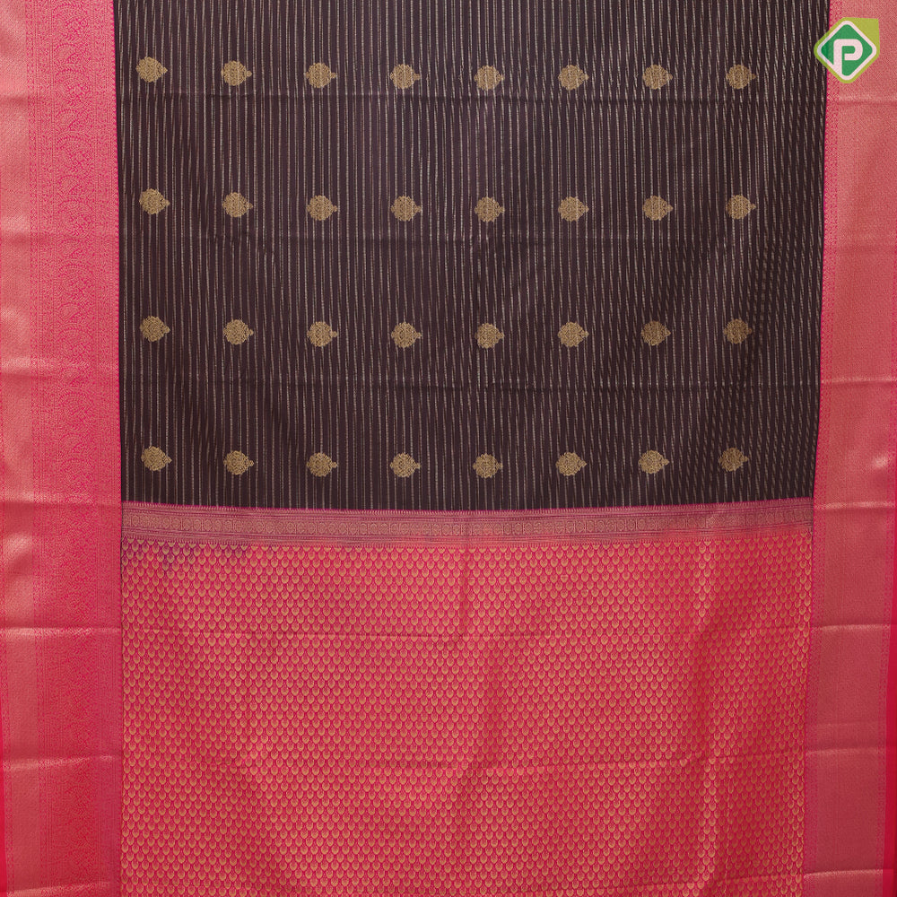 Chocolate brown gold zari lines and thilagam butta Rani pink gold zari mango design border art silk saree