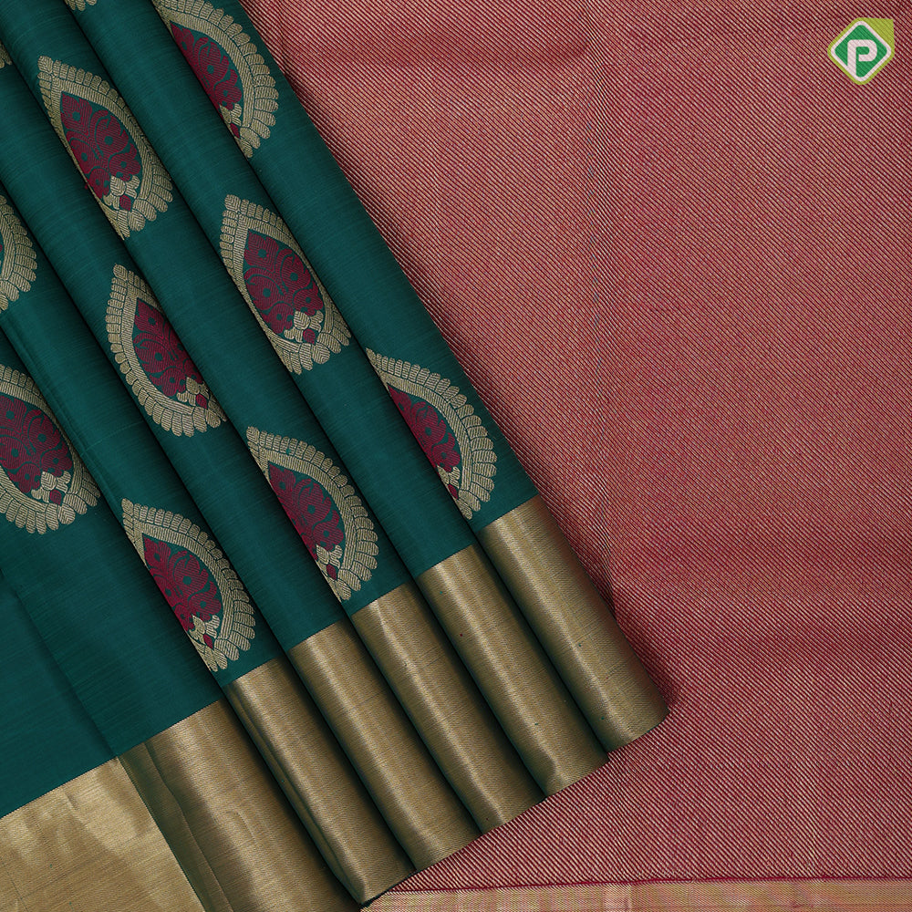 sapphire green gold zari thread meena work thilagam butta gold zari tissue bavanji border traditional Navratri special silk saree