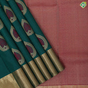 sapphire green gold zari thread meena work thilagam butta gold zari tissue bavanji border traditional Navratri special silk saree
