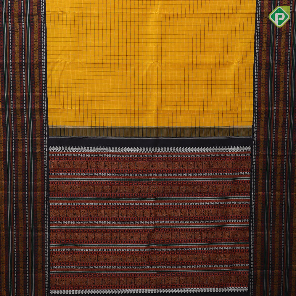 Mango yellow thread checks design purple brown with multi color thread work butta lines border traditional silk saree