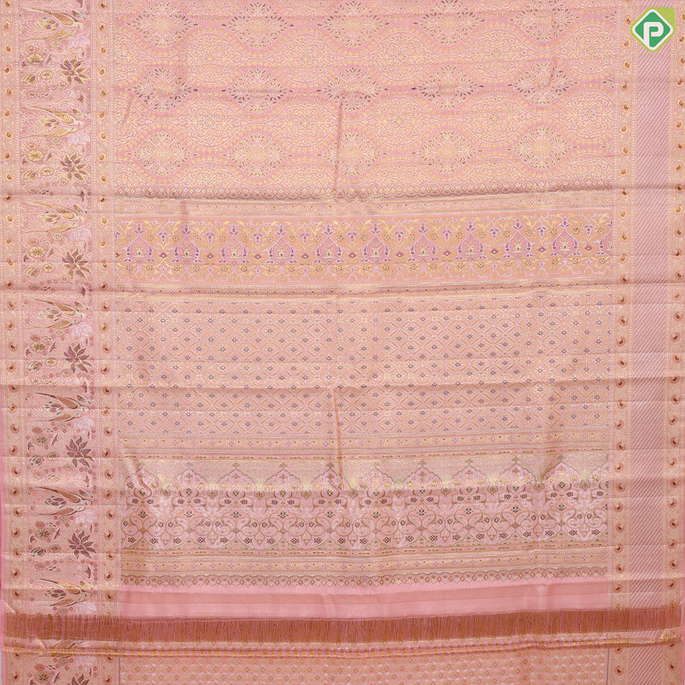 peach pink gold zari meena work grand design self border exclusive wedding silk saree
