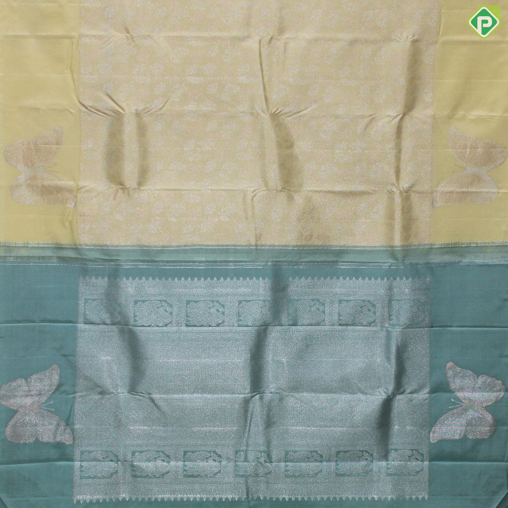 Light Lemon Yellow Gold and Silver Zari With Butterfly Butta Border Trendy Silk Saree