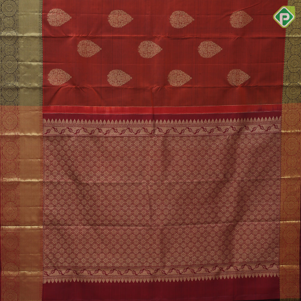 Rust Orange Gold Zari Thilagam Butta Design Coffee Brown Mango Charagam Border Design Traditional Silk Saree