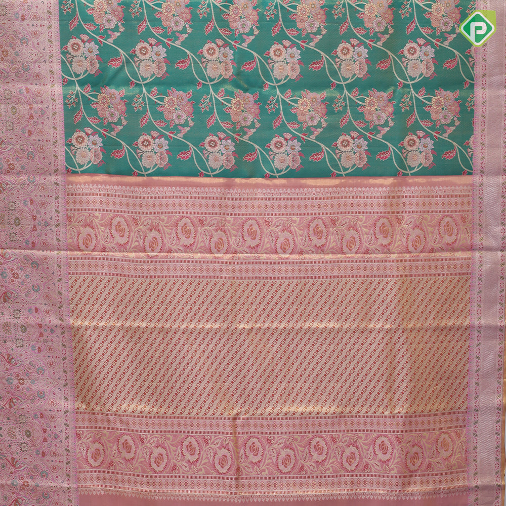 Forest green gold zari floral creeper design baby pink silver gold zari double peacock arch design meena work tissue silk saree