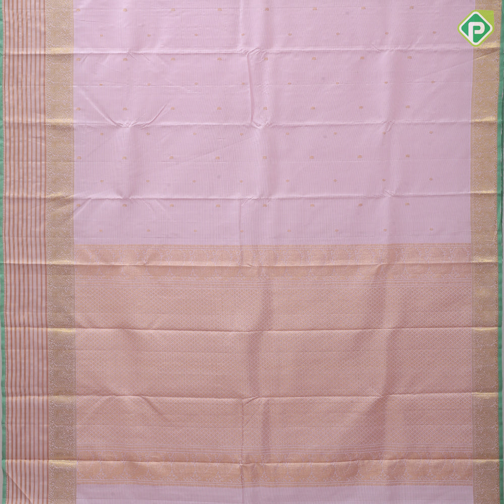 Creamy pink gold zari vairaoosi annam chakkaram butta self gold zari peacock lines border traditional silk saree