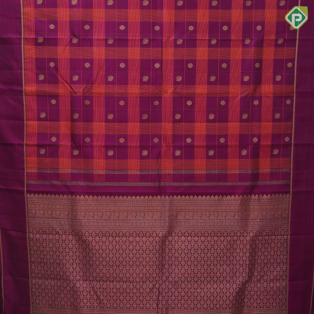 Purple pink base orange combo gold zari elephant chakkaram butta self god zari rettapet border traditional silk saree