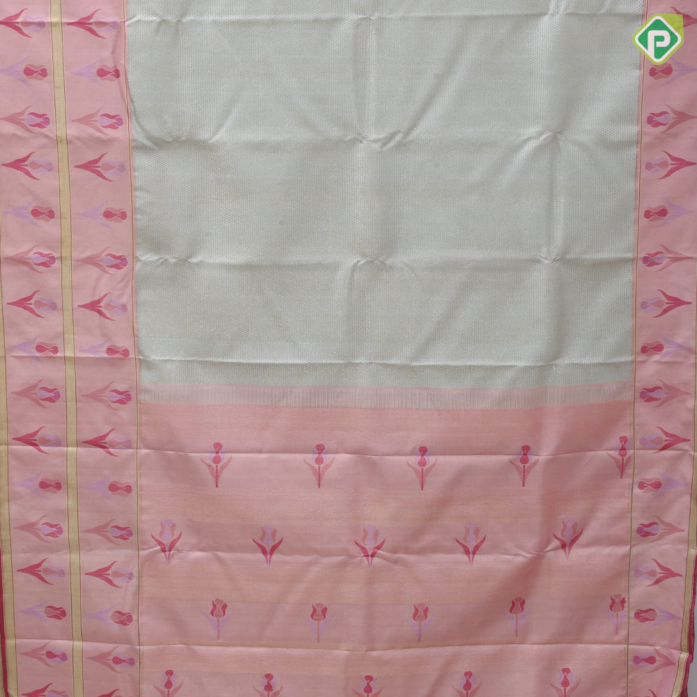 Clacier Gray Gold Zari Brocade Design Baby Pink Rose Flower Border Design Trending Fancy Silk Saree