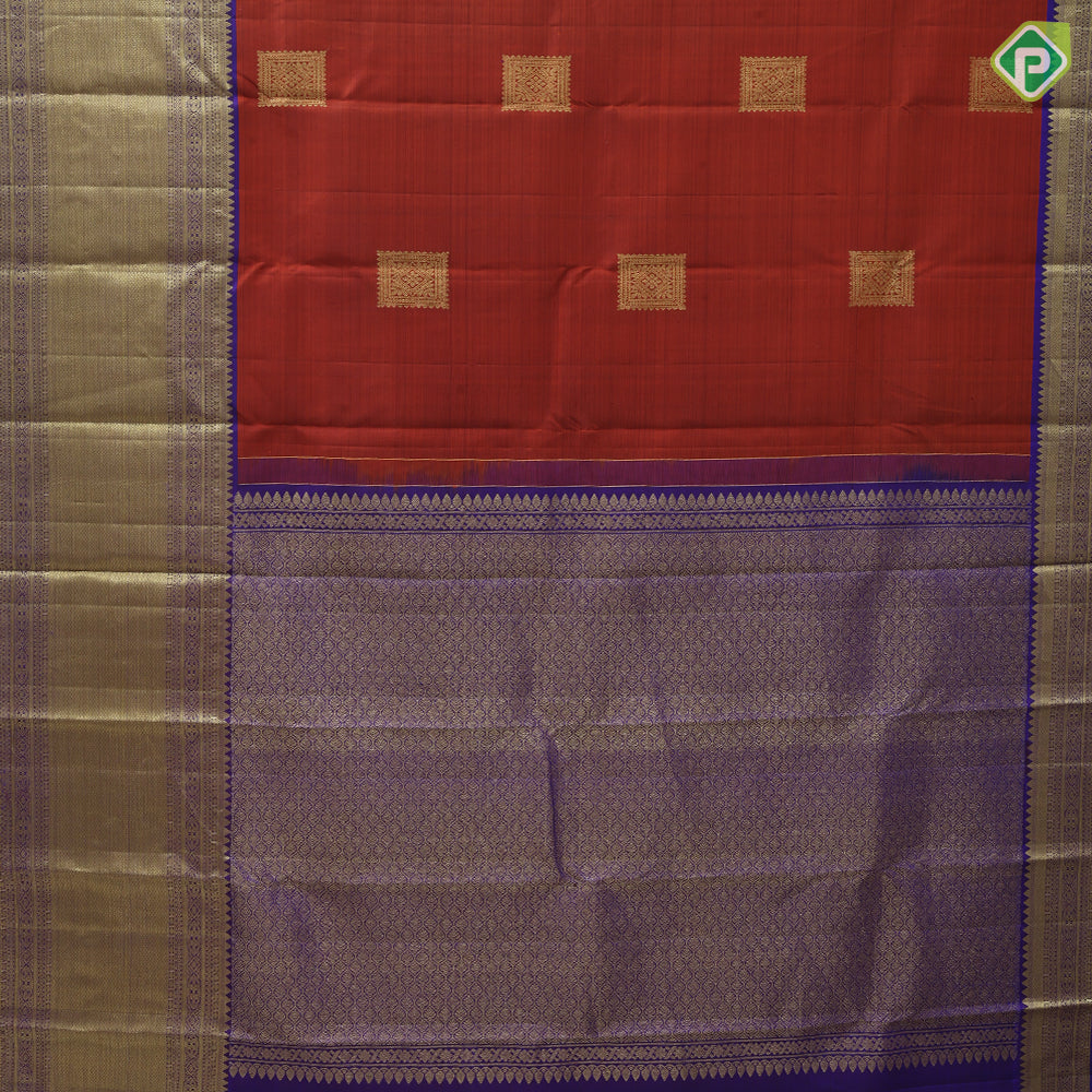 Rust Orange Gold Zari Checks Flower Butta Design Violet Mayilkan Border Design Traditional Silk Saree