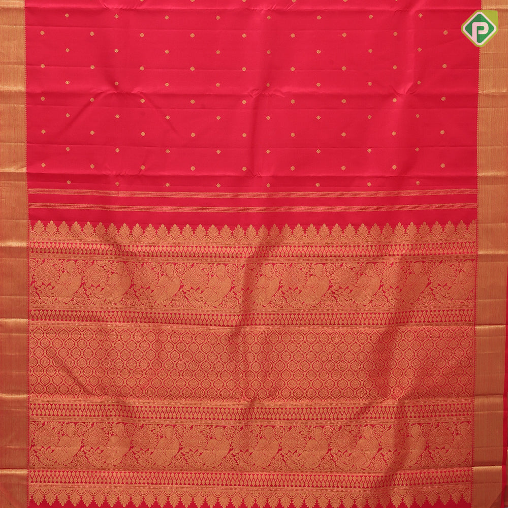 Chilly red gold zari small chakkaram and rudraksham butta self gold zari edge border traditional silk saree