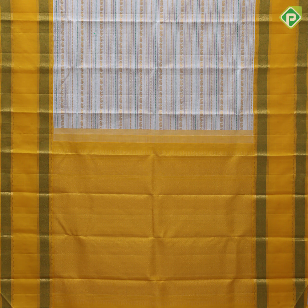 Cream white gold zari butta lines and silk thread lines dark yellow meena work rettapet border traditional silk saree