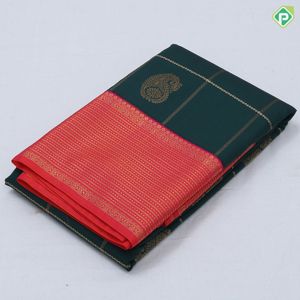 Bottle green gold zari window panel mango butta design red gold zari lines border art silk saree
