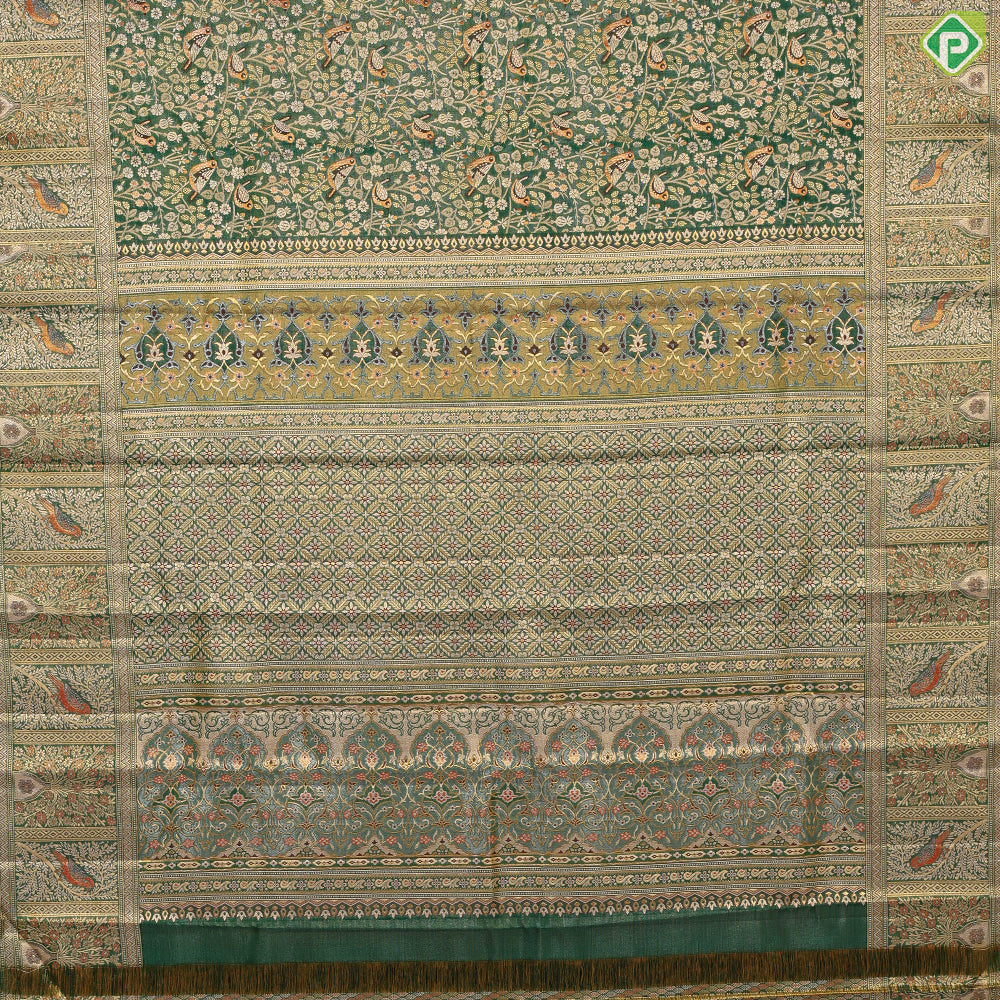 Peacock green Gold zari meena work design self gold zari sparrow border exclusive wedding silk saree