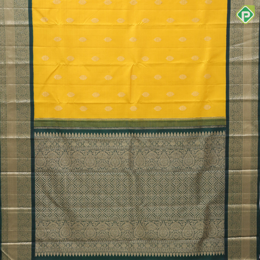 Lemon Yellow Thilgam  Butta Design Bottle Green Floral Border Design Traditional Silk Saree