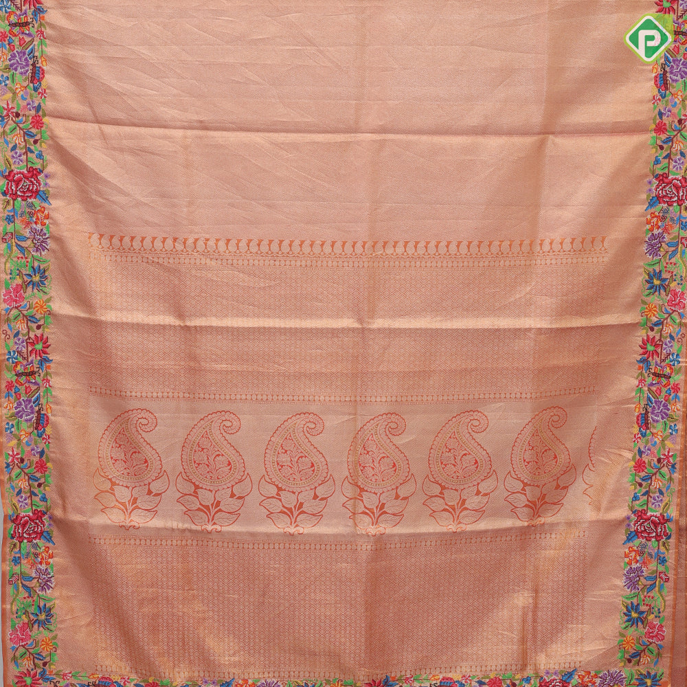 Goldish orange base silver zari diamond tissue weaved multi color thread embroidered border embroidery silk saree