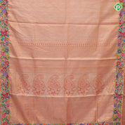 Goldish orange base silver zari diamond tissue weaved multi color thread embroidered border embroidery silk saree